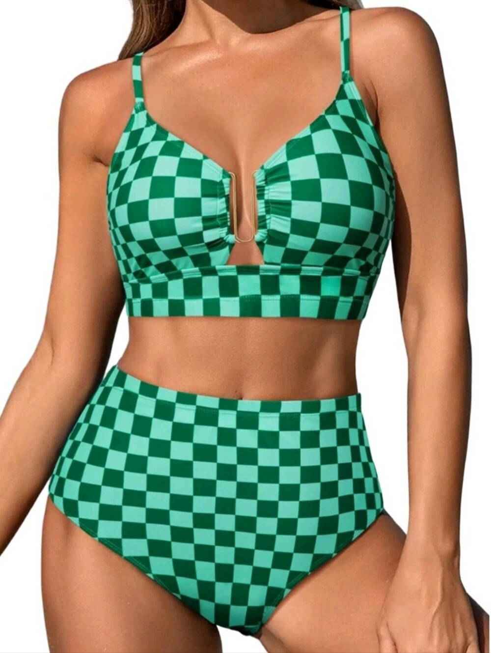 Green Checkered High Waisted Bikini Set Size Medium NWOT
